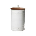 Berry & Thread Whitewash Canister with Wooden Lid, Medium 6\ W, 11.5\ H
3.5 Quarts

Use & Care:  Base is Oven, Microwave, Dishwasher, and Freezer Safe